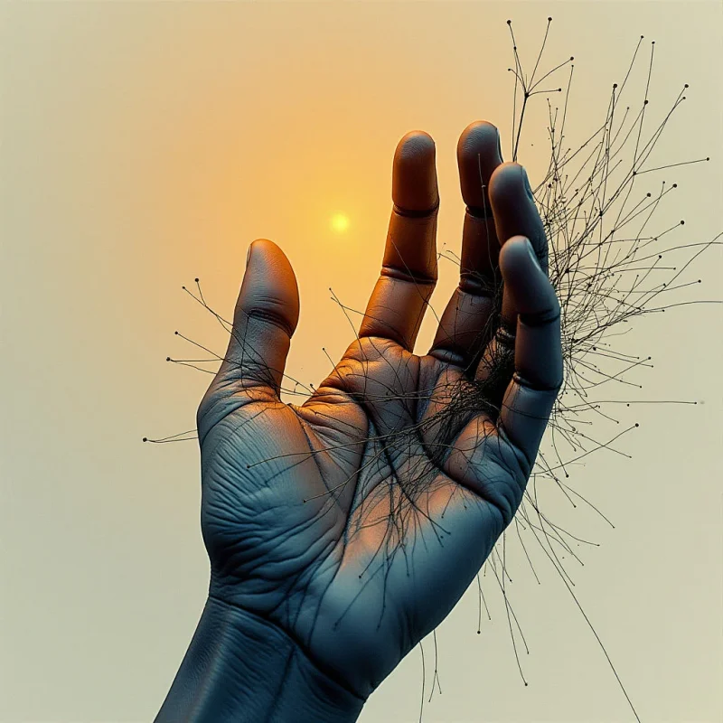 A dark, textured hand reaches upward against a gradient background transitioning from warm orange to cool pale blue. Fine, black needle-like lines sprout from the palm and fingers, extending outward in various directions toward a central bright light source. The composition centers on the vertical movement of the limb and the radial spray of thin filaments within a soft, atmospheric space.