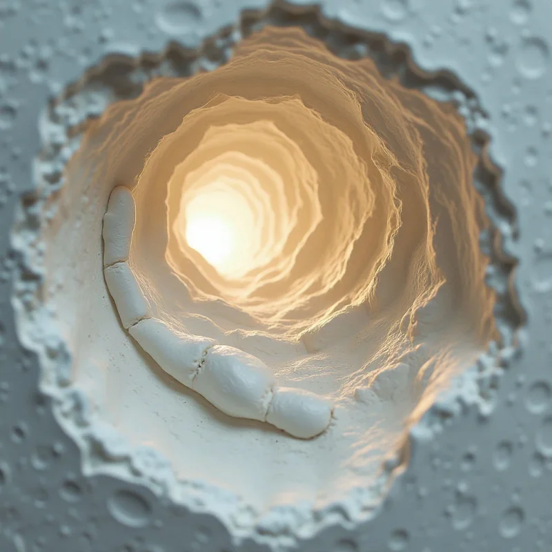 The image features a spiraling tunnel receding into a bright, central light source with warm golden tones transitioning to cooler greys at the edges. The interior surface of the tunnel appears rough and textured, contrasting with the smoother, slightly irregular exterior surrounding it. A curved form rests along one side of the spiral, partially obscuring the view towards the center and suggesting depth within the enclosed space.