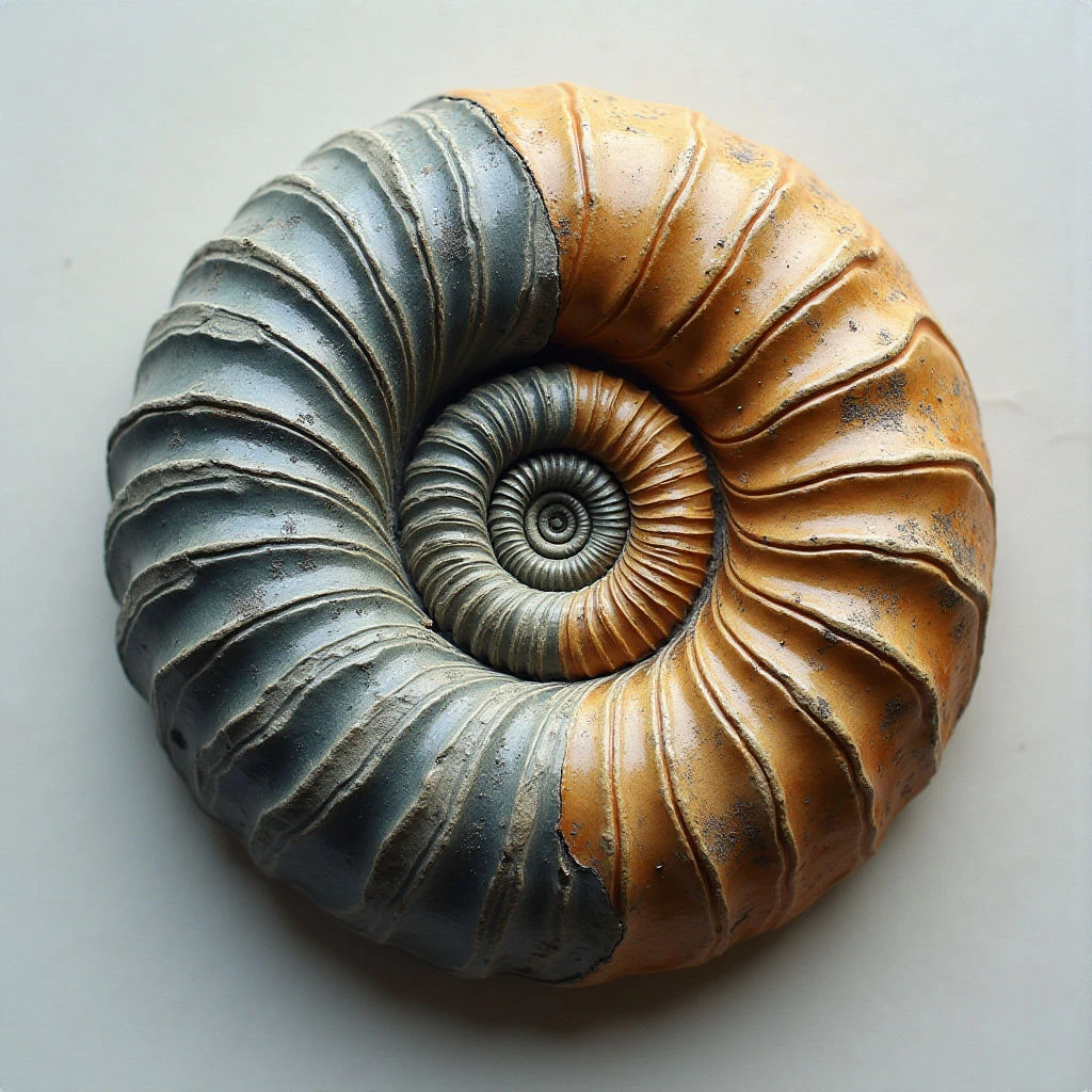The image features a coiled spiral form bisected into shades of gray and amber brown, with a central point from which the curves emanate. The surface exhibits a rough, textured quality marked by ridges and small imperfections along each segment of the shell. Soft, diffused light highlights the rounded shape and casts subtle shadows within the grooves, suggesting depth despite a largely flat spatial arrangement against a neutral background.