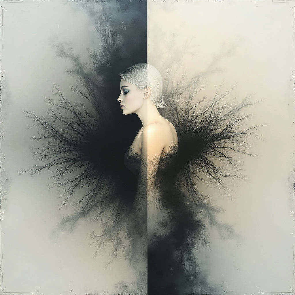 A pale woman with short blonde hair is depicted in profile, her form fading into a dark, branching shape on one side and light on the other. The shadowy area resembles twisting tree branches or smoke, contrasting sharply with the softer, brighter tones surrounding her face and neck. This creates a sense of duality and internal conflict emanating from the figure.