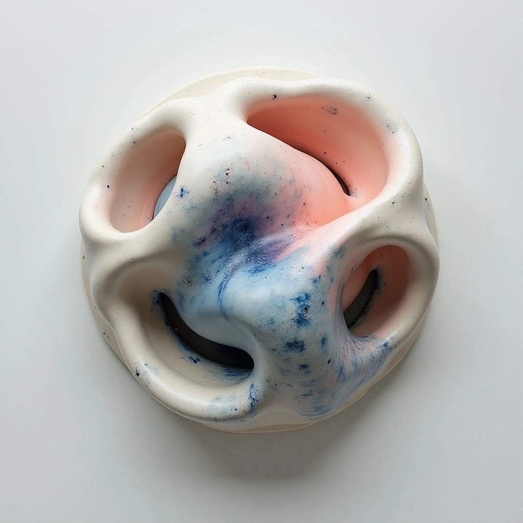 A bulbous, off-white ceramic form rests on a pale surface. The sculpture is riddled with openings and cavities of varying sizes, and its interior surfaces are washed with washes of pink and deep blue pigment. It has an organic, almost cellular texture, appearing both soft and strangely porous.