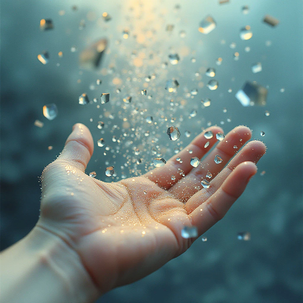 A hand is held open, palm up, catching falling droplets of water that sparkle like tiny gems. The background is a soft blur of teal and gold, suggesting either dawn or dusk light filtering through the rain.  The skin of the hand appears illuminated, highlighting its texture as it interacts with the shower of drops.