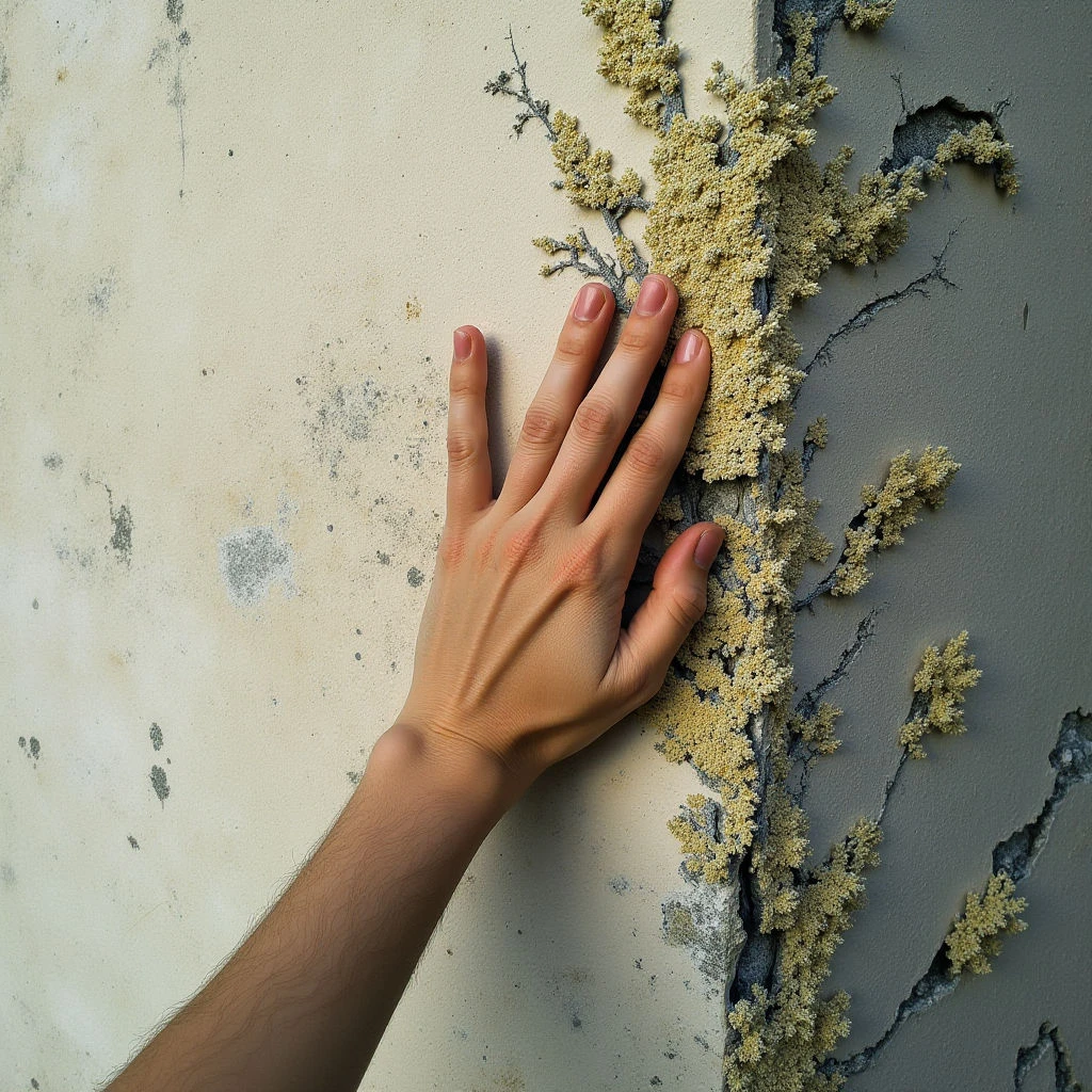 A hand presses against a textured wall with prominent cracks running through it. A pale, branching growth covers the fissures and extends onto the smoother sections of the wall beside them. The wall itself is lightly colored and speckled with darker spots, contrasting with the golden-yellow growth.