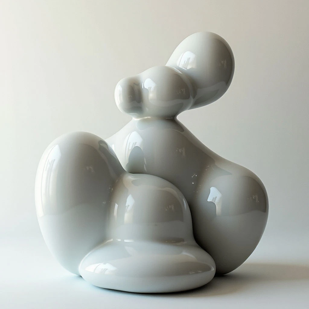 A smooth, grey sculpture resembling a seated figure is centered against a pale background. The form is abstract and rounded, with bulbous shapes suggesting limbs and a head, all connected by flowing curves. Its glossy surface reflects light, creating highlights that emphasize its organic, almost liquid appearance.