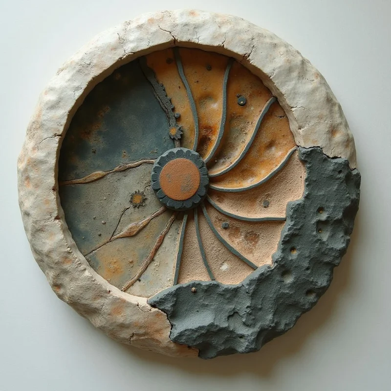 A circular relief features a palette of earthy ochre, muted slate gray, and off-white with rough, stone-like textures throughout. Curved, rib-like shapes radiate from a central raised disc toward the outer edges, creating a sense of rhythmic movement within the frame. The composition is divided by irregular organic boundaries between light and dark zones, set against a flat, neutral background.