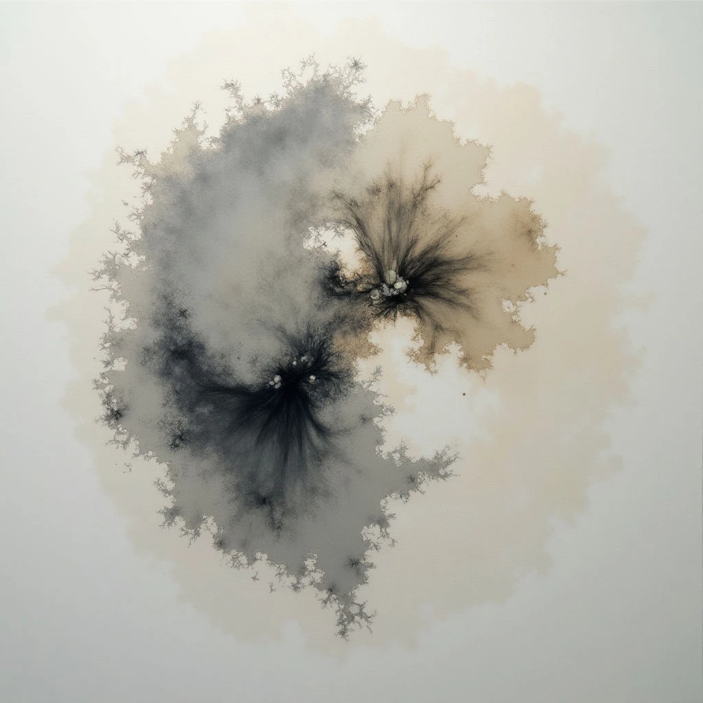 Two cloud-like formations dominate a pale background, one dark gray and the other a warm tan color. Each appears to burst from a central point with delicate, branching tendrils extending outwards. The shapes are soft and indistinct, resembling ink blots or organic growths spreading across a smooth surface.