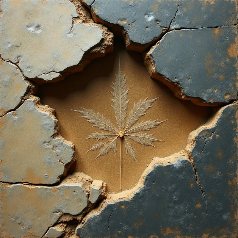 A single, serrated leaf is centered within a jagged, diamond-shaped opening that reveals a smooth, tan background. The surrounding surface consists of large, irregular gray slabs with cracked textures and weathered orange-brown patches. Light falls evenly across the scene, emphasizing the contrast between the rough, fractured stone and the delicate, fine lines of the central leaf.