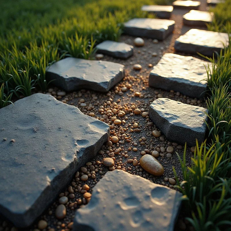 Large, flat grey stones with irregular edges form a path through vibrant green grass, interspersed with small, tan pebbles. Warm sunlight casts long shadows and creates bright highlights on the textured surfaces of the rocks and gravel. The composition follows a receding linear perspective, leading from the large foreground stones toward smaller elements in the distance.