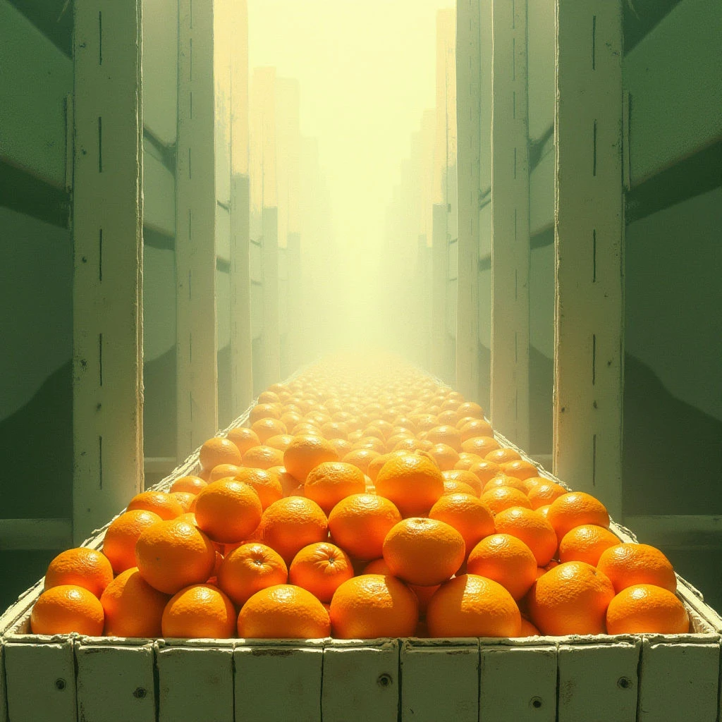 The image features a long, narrow crate filled with bright orange citrus fruits extending into a receding perspective between tall, pale green wooden structures. A hazy, warm light source emanates from the distance, illuminating the scene and creating soft shadows on the textured wood grain of both the crates and surrounding walls. The composition is largely linear, defined by repeating vertical shapes and converging lines that emphasize depth.
