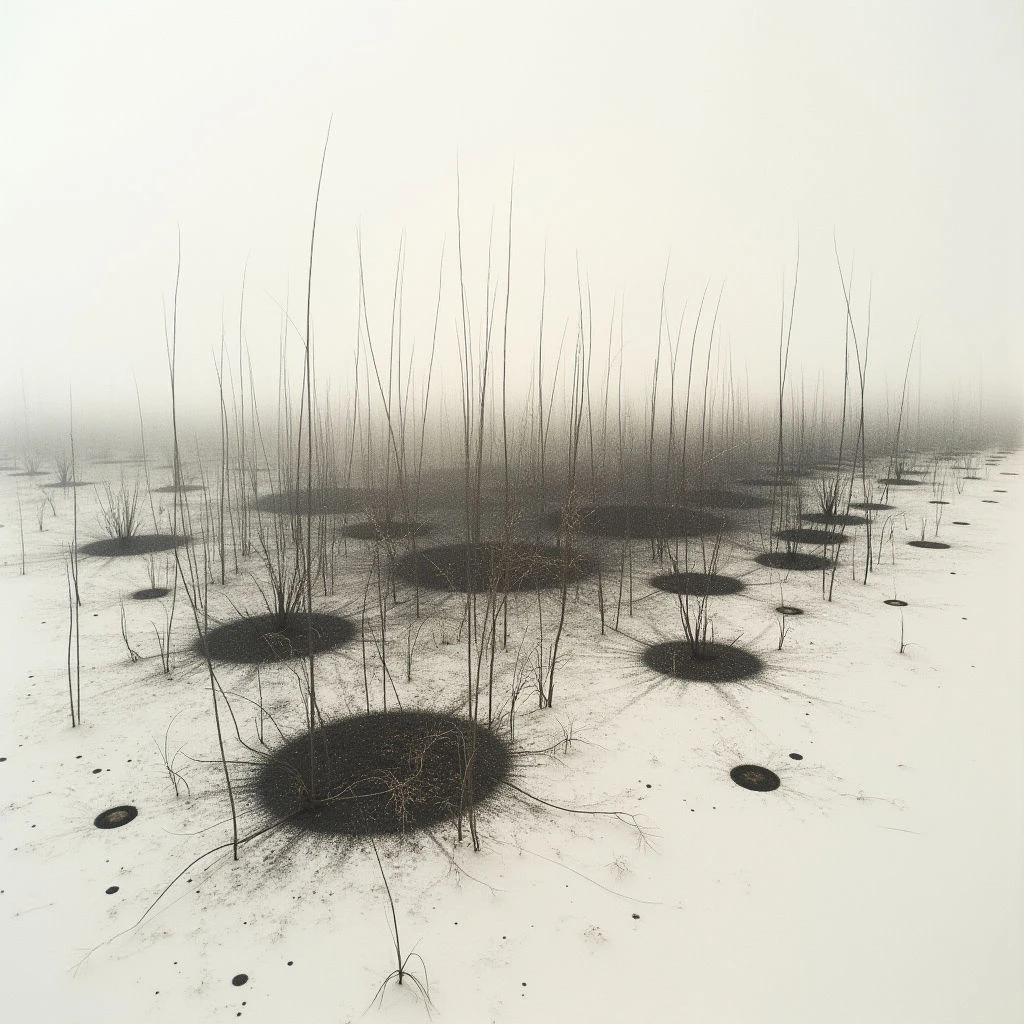 Tall blades of grass emerge from a stark white, snow-covered landscape. Dark, circular patches surround the base of many of the grasses, resembling shadows or small pools of water. A thick fog obscures the horizon, creating a sense of quiet isolation and vastness.