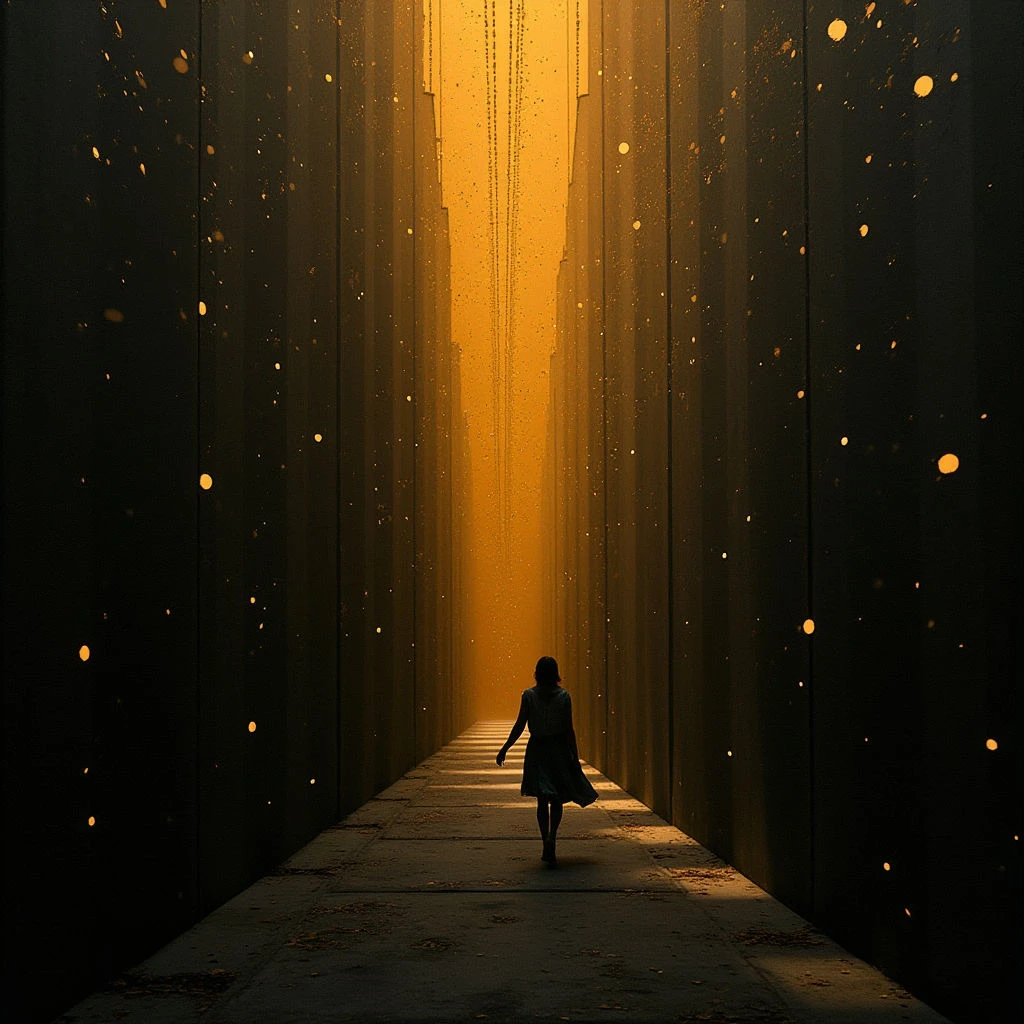 The image is dominated by warm tones of gold and amber, with a darker gradient towards the edges. Tall, rectangular forms line a central pathway leading into depth, punctuated by small, scattered points of light that appear to float in the air. A single silhouetted figure walks away from the viewer along this path, emphasizing the vastness of the space and its linear perspective.