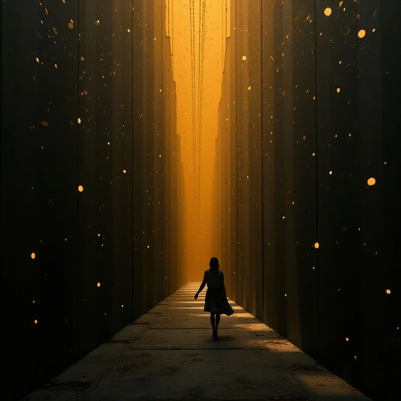 The image is dominated by warm tones of gold and amber, with a darker gradient towards the edges. Tall, rectangular forms line a central pathway leading into depth, punctuated by small, scattered points of light that appear to float in the air. A single silhouetted figure walks away from the viewer along this path, emphasizing the vastness of the space and its linear perspective.