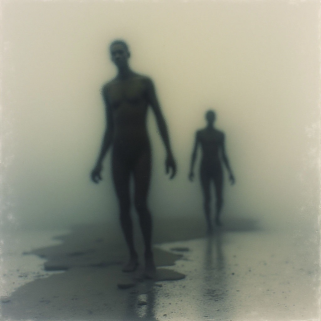 Two shadowy figures stand on a wet, sandy beach shrouded in thick fog. The first figure is more defined and faces forward, while the second appears smaller and further away, walking towards or away from them. Everything has a blurred, ethereal quality, lending an unsettling stillness to the scene.