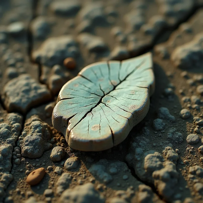 A single, pale teal leaf with deep, vein-like cracks rests centrally atop a textured landscape of cracked, earth-toned soil and small pebbles. The composition features muted shades of sage, tan, and brown, with soft light casting gentle shadows that emphasize the rough, granular surface of the ground. The leaf sits in sharp focus against a shallow depth of field, creating a spatial separation from the blurred, uneven terrain surrounding it.