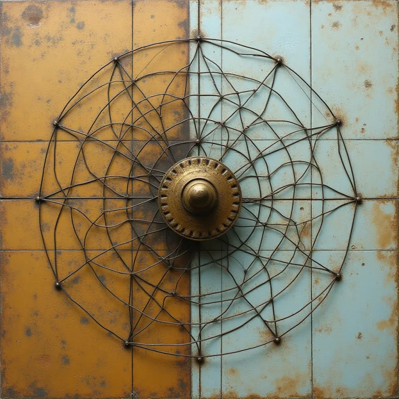 A large circular wire structure composed of intersecting thin lines sits atop a split background of textured mustard yellow and pale blue panels. A central, tiered brass dome with radial ridges serves as the focal point, anchored by the web-like pattern of the metal wires. The composition is defined by geometric symmetry and a weathered, metallic texture under soft, even lighting.