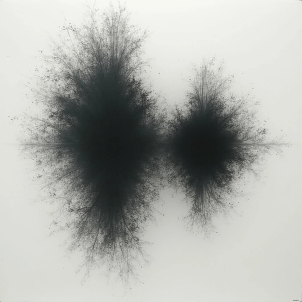 Two dark, roughly circular shapes burst outwards on a stark white background. Each shape is dense at its core and fades into a spray of fine particles that extend in all directions. The overall effect resembles an explosion or the rapid dispersal of something from two distinct points.