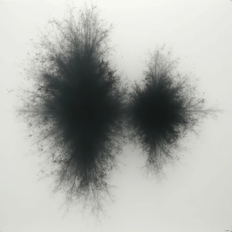 Two dark, roughly circular shapes burst outwards on a stark white background. Each shape is dense at its core and fades into a spray of fine particles that extend in all directions. The overall effect resembles an explosion or the rapid dispersal of something from two distinct points.