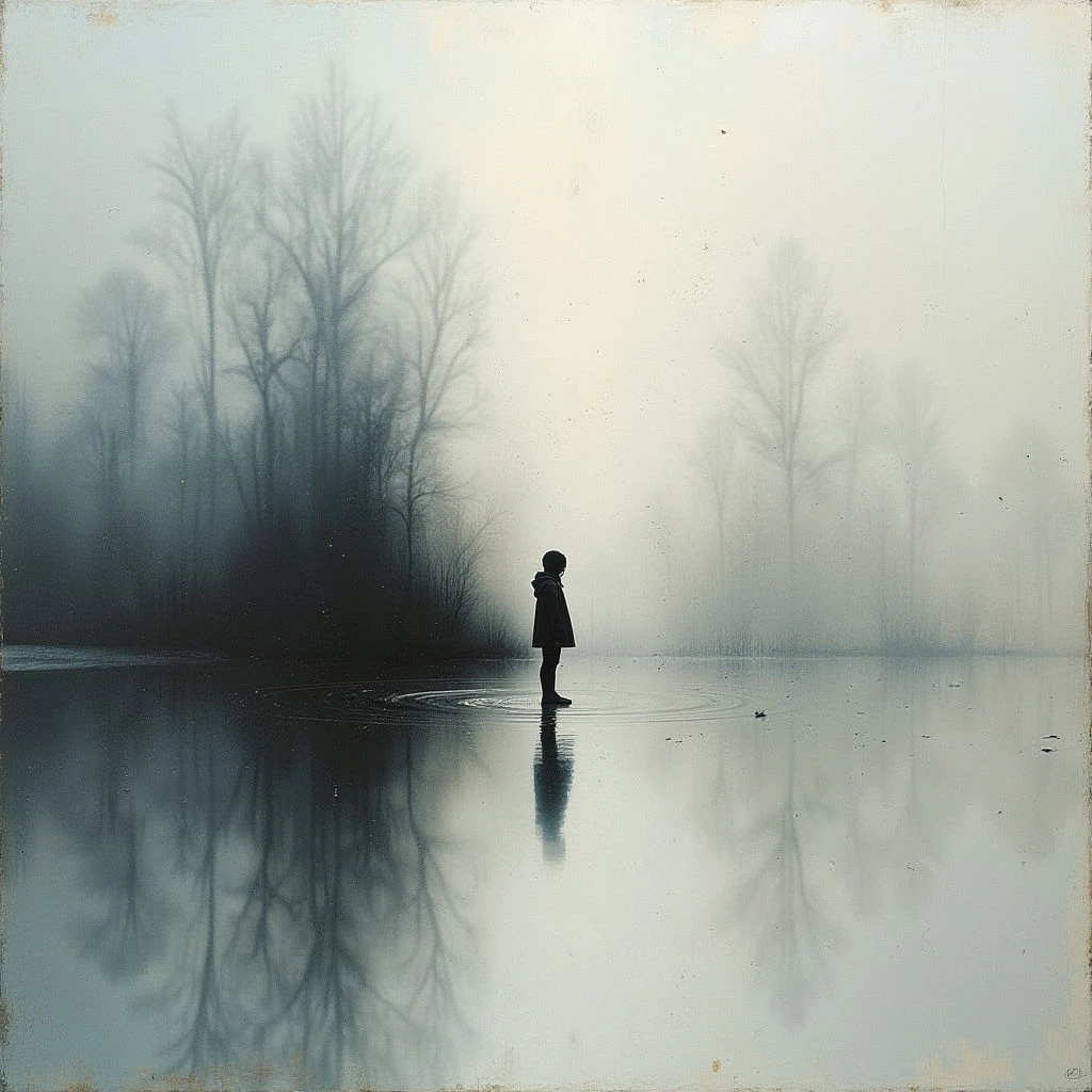 A lone figure stands motionless in a shallow body of water, surrounded by a dense forest shrouded in thick fog. Ripples spread outwards from where they stand, perfectly mirrored on the still surface of the water below. The trees are bare and dark, contributing to the overall sense of quiet isolation and melancholy.