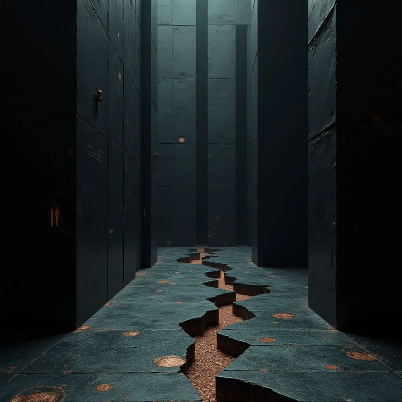 A dark, monochromatic palette of deep blues and blacks defines a narrow corridor flanked by tall, monolithic rectangular pillars. A jagged, irregular fissure cuts through the textured floor, revealing a grainy, light-colored substance beneath the surface. Dim, diffused light casts soft shadows along the vertical planes, emphasizing the stark spatial depth of the enclosed passage.