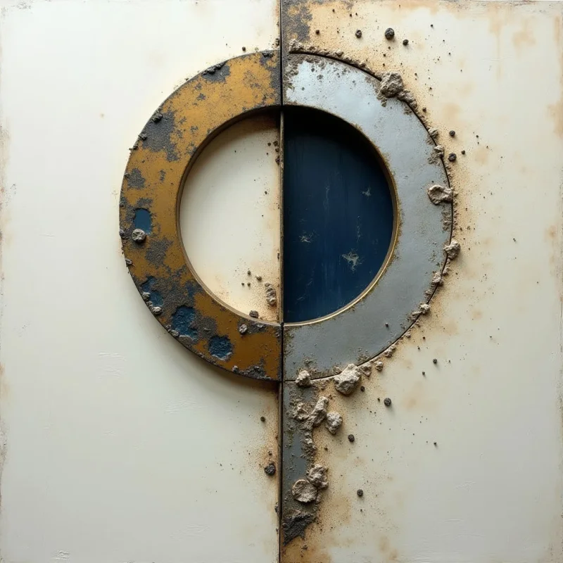 A large circular form is split vertically down the center, composed of a weathered gold-toned half on the left and a matte gray half on the right. The composition features a stark contrast between smooth cream surfaces and heavily textured, encrusted patches of dark rust and grit. Light appears diffused across the flat background, highlighting the deep shadows within the central blue void and the irregular relief of the metallic elements.