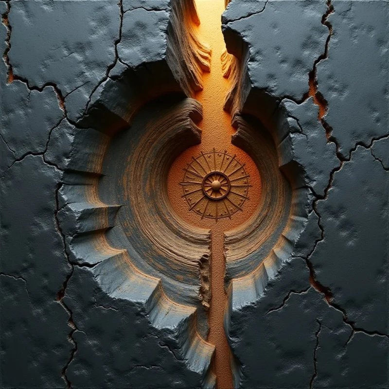 A dark, textured grey surface with irregular cracks surrounds a central circular depression that transitions into a vertical fissure. This recessed area features concentric ridges and a radial, wheel-like pattern in warm ochre and golden tones. Glowing light emanates from within the deep crevices, creating a sharp contrast between the matte, rugged exterior and the luminous, layered interior.