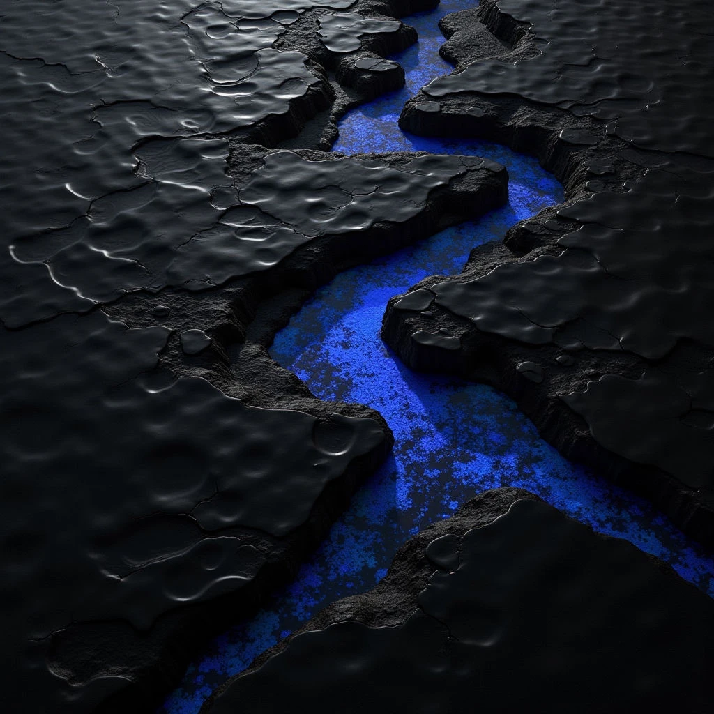 The image features a predominantly dark color palette with deep blacks contrasted by vibrant blue fissures cutting through a textured surface. The surface appears rough and uneven, composed of irregular polygonal shapes that create a sense of depth and height variation. Light sources highlight the glossy quality of the black forms while illuminating the bright blue channels below, suggesting a network within a solid structure.
