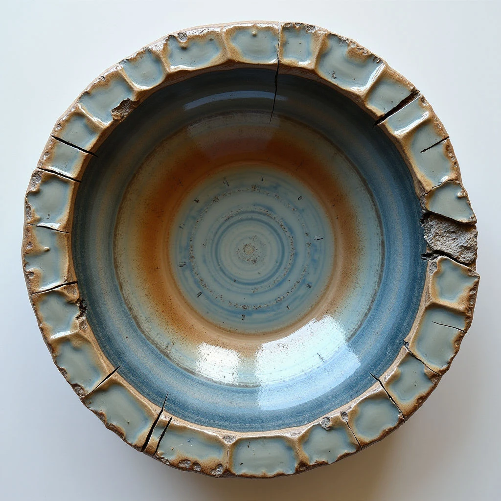 The image depicts a circular bowl with a rough, textured rim and a smooth interior surface. Colors range from earthy browns and tans in the center transitioning to bands of blue around the inner edge, contrasted by a lighter tan on the exterior. Light reflects strongly off the glazed interior, creating a central highlight and diminishing towards the uneven edges of the bowl's form, which appears slightly concave.