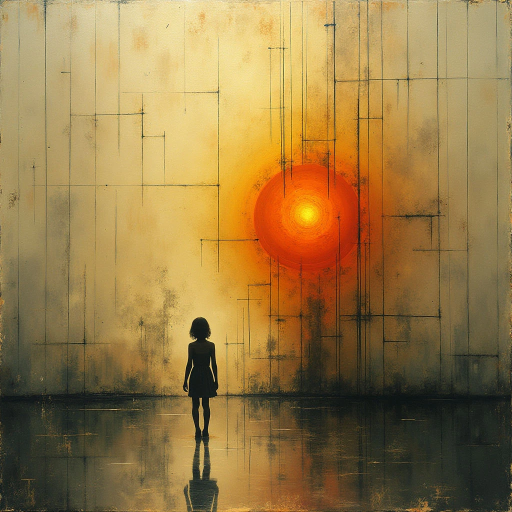 The image is dominated by warm tones of ochre, gold, and orange, contrasted with a dark silhouette of a figure in the foreground. A grid of thin lines overlays a textured background that fades from lighter to darker shades, converging towards a central, radiant circular form. The reflective surface below the figure suggests a shallow spatial depth, mirroring the silhouette and creating an elongated visual echo.