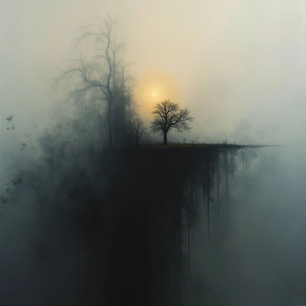 A small island of dark earth and bare trees rises from a still, grey body of water. A hazy sun glows faintly through the thick fog that envelops the landscape, casting a pale light on the scene. The reflection of the island mirrors perfectly in the water below, creating an eerie sense of symmetry.