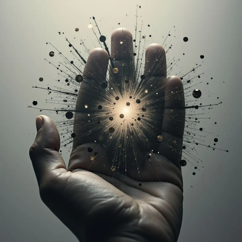 A hand is held open, palm up, as a radiant burst of light and energy emanates from within it. Thin lines and dark particles spread outwards like a network or explosion, originating from the bright center of the palm. The overall tone is dramatic and suggests power or creation being contained and released.