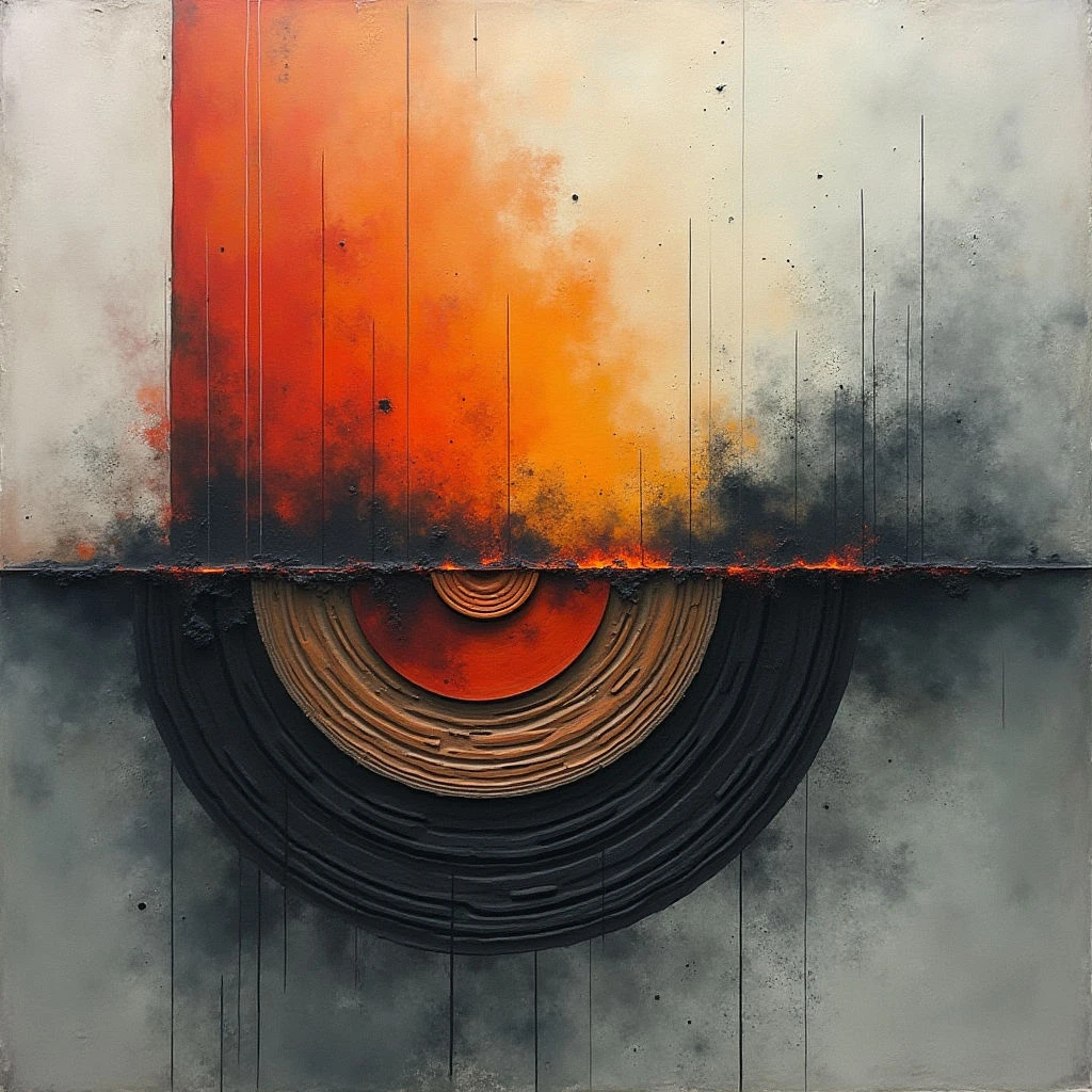 The image features a largely divided composition with an upper and lower section separated by a dark horizontal band. Warm tones of orange and red dominate the top half, contrasting with cooler grays in the bottom portion where concentric, layered arcs are visible. Vertical lines extend across both sections, and textures range from smooth gradients to rough, mottled surfaces; light appears diffused overall, with a slight concentration towards the center of the composition.