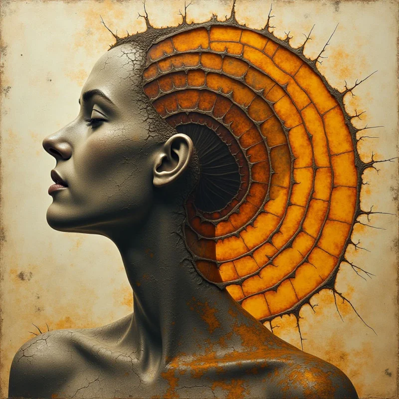 A profile view of a dark-skinned figure features cracked, stone-like skin textures in shades of grey and deep charcoal. A large, circular halo composed of concentric, orange-toned tiles with dark grout lines radiates from the head against a mottled beige background. Sharp, branching black lines extend outward from the edges of the tiled shape and across the figure's body.