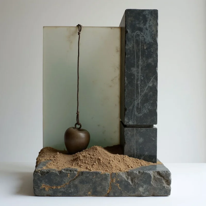 A dark, rounded weight hangs from a thin cord against a translucent, pale rectangular pane. To the right, two heavy, charcoal-colored stone blocks stand vertically, while a mound of coarse brown sand rests on a rugged stone base. The composition is defined by sharp geometric lines and organic textures under soft, even lighting.
