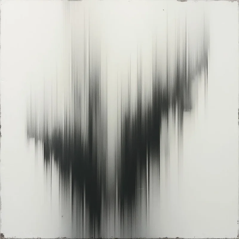 The image is an abstract composition of vertical strokes, ranging from dark gray to white. The strokes are densely packed in the center and gradually become more sparse towards the edges, creating a blurred, indistinct form. It evokes a sense of movement and texture, resembling a distorted landscape or a shadowy presence.
