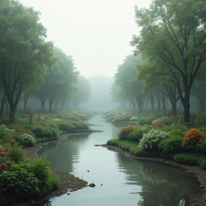 A gentle river winds through a lush, green forest shrouded in mist. Colorful wildflowers bloom along the banks of the water, contrasting with the pale fog and dark tree trunks. The scene is peaceful and serene, suggesting a quiet, secluded natural space.