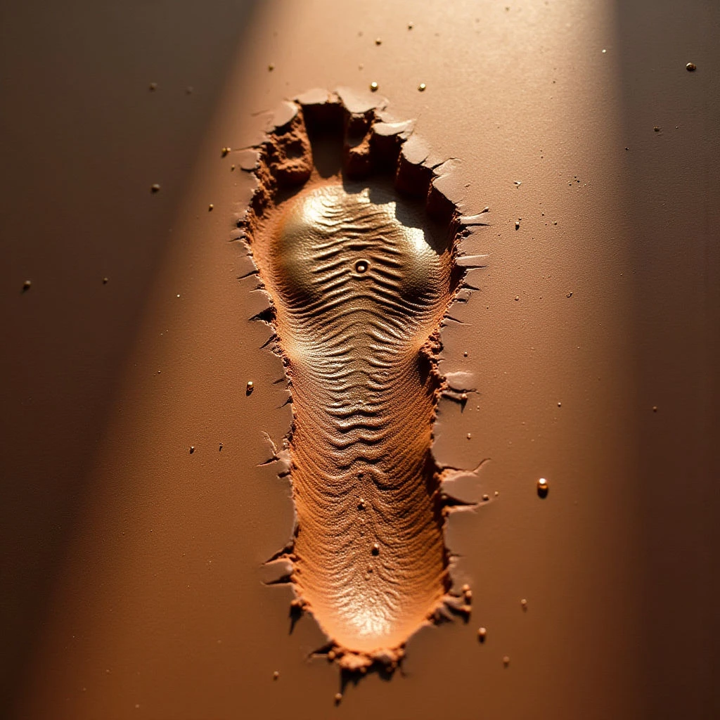 The image is dominated by shades of warm brown and copper, with a smooth surface disrupted by a deeply imprinted footprint. The footprint itself exhibits a highly textured pattern of ridges and grooves contrasted against the surrounding flat plane, which has scattered granular particles clinging to it. Light appears to originate from above and slightly to the right, casting shadows within the impression and highlighting its depth as it emerges from the surface.