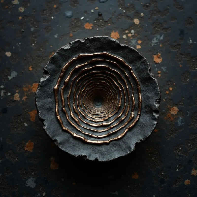 The image features a dark, roughly circular object with concentric rings of textured material within it, transitioning from a wider, jagged outer edge to a narrow central opening. The color palette is dominated by shades of gray and brown, with copper-toned ripples forming the inner rings against a speckled dark background. Light appears to be focused on the center of the object, creating shadows that emphasize its depth and layered structure, while the surrounding surface has a matte texture.