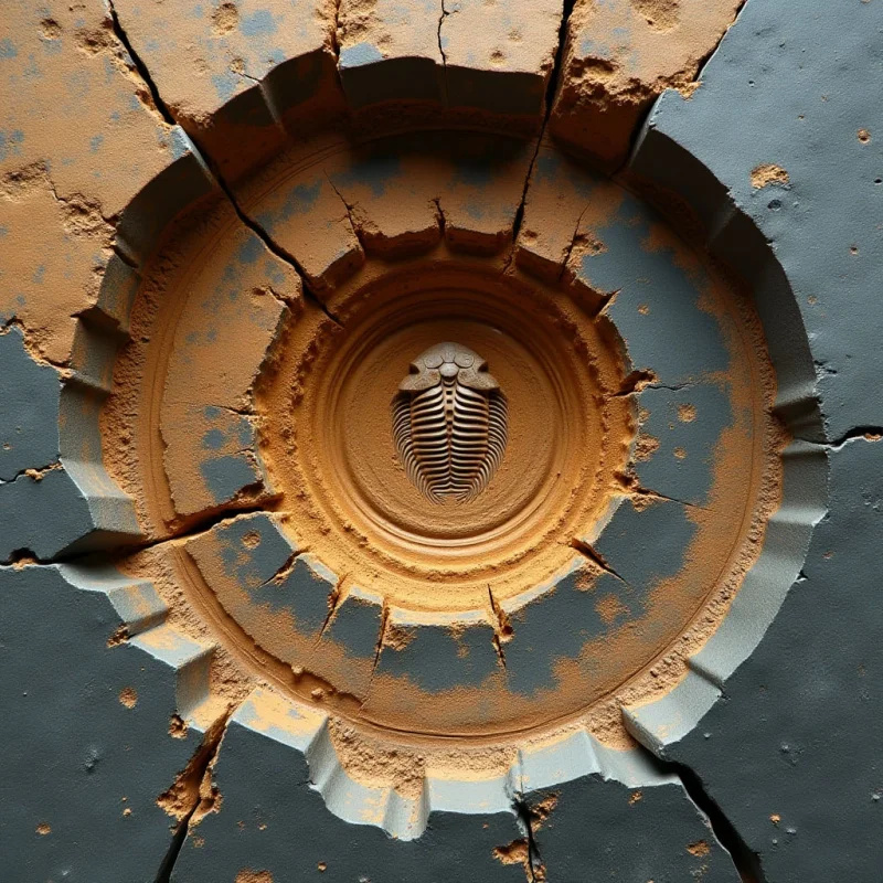 A trilobite fossil is centered within concentric circular depressions of ochre-colored sand and textured grey stone. Jagged cracks radiate from the center across the dark, matte surface, creating a segmented pattern of light and shadow. The composition features a stark contrast between the granular orange textures and the smooth, cool tones of the surrounding material.