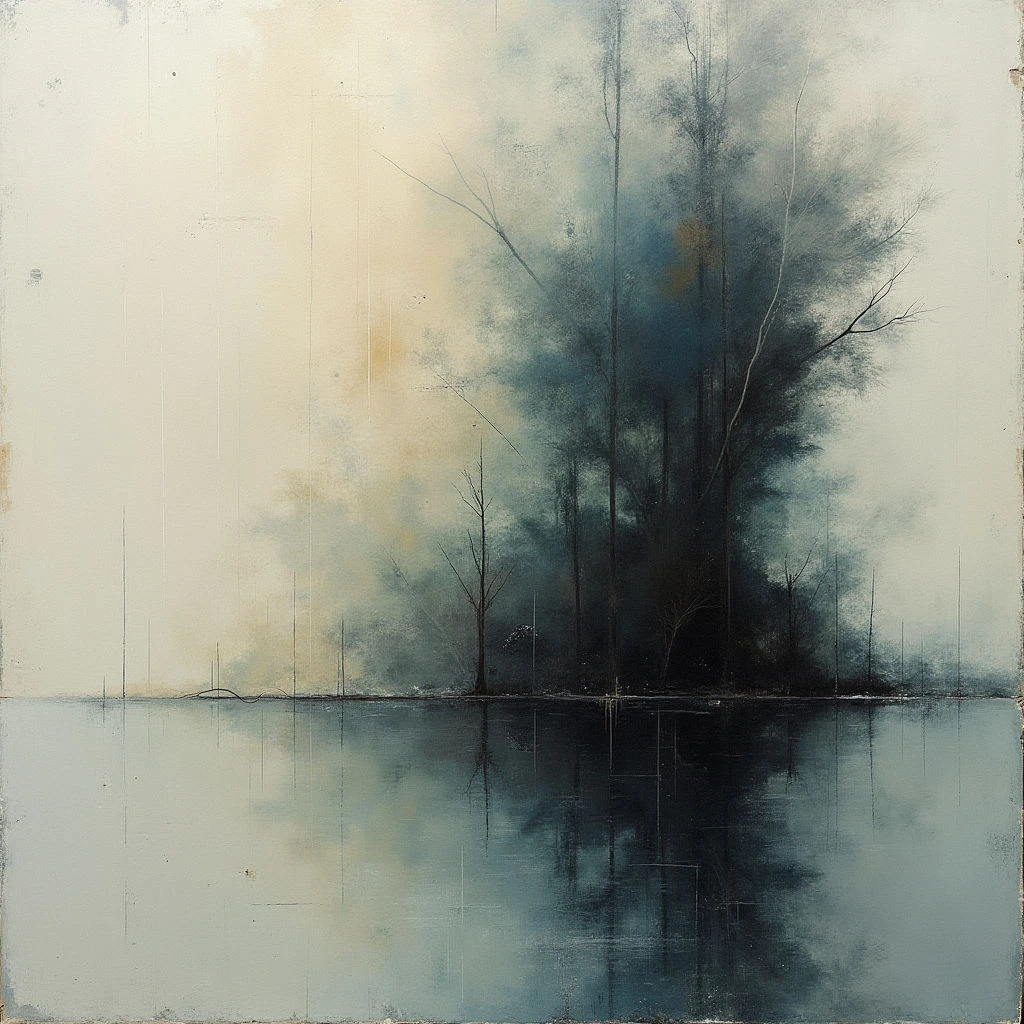 A dark cluster of bare trees stands at the edge of a still, reflective body of water. A hazy, golden light washes across the left side of the image, contrasting with the somber tones of the trees and their mirrored reflection. The overall impression is one of quiet solitude and muted color.