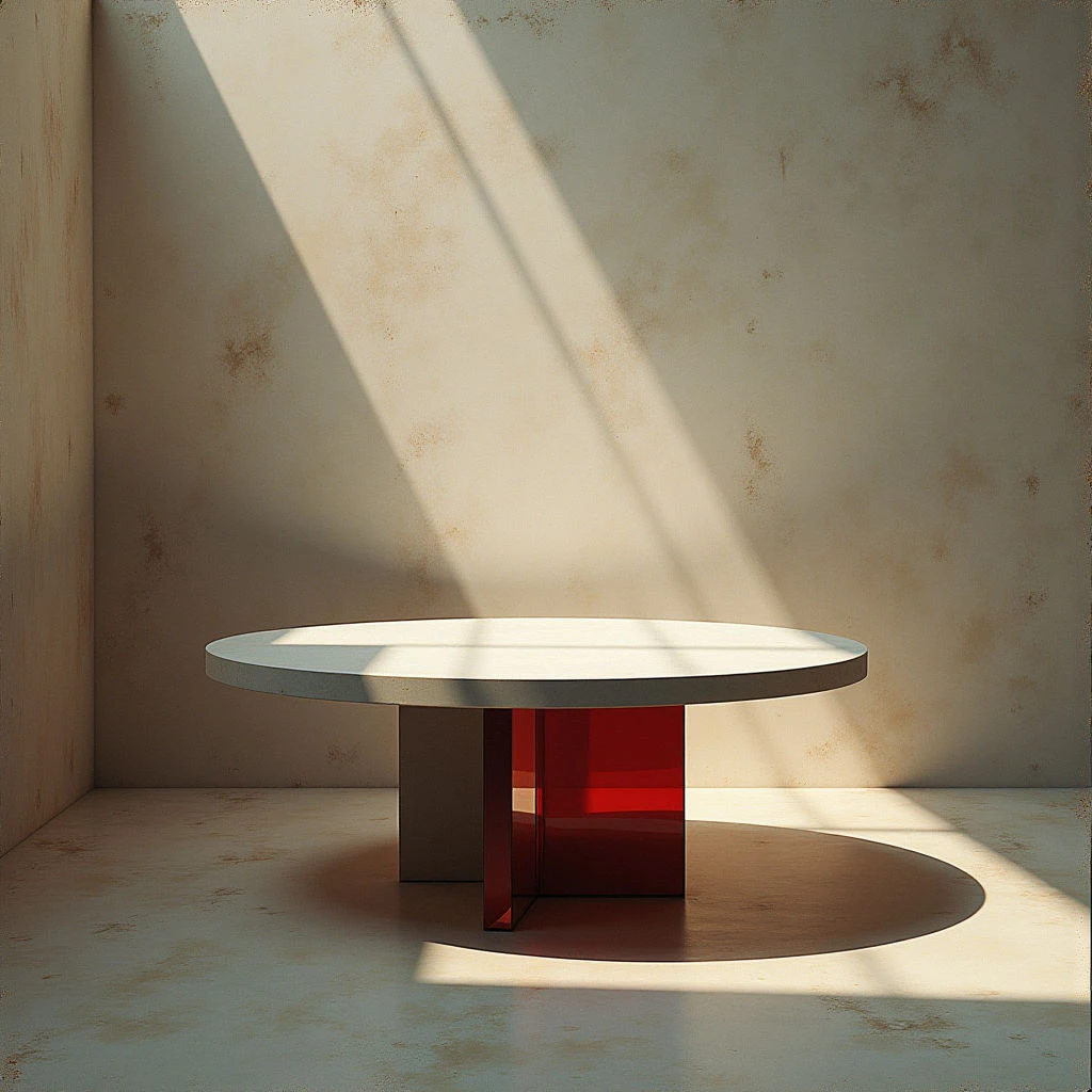 The scene is dominated by muted beige and brown tones, with a striking red translucent element forming the base of a round table. Textures appear smooth on the surfaces but are subtly mottled, particularly in the wall which shows variations in tone and slight imperfections. Strong directional light casts long shadows across the floor, emphasizing the geometric shapes – primarily circles, rectangles, and sharp angles – within the minimalist space.