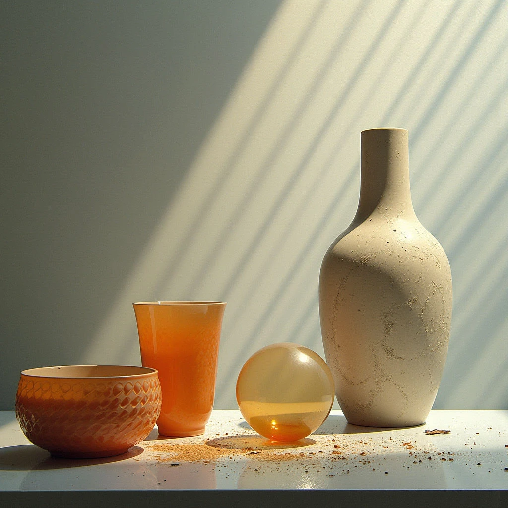 The scene features a collection of rounded vessels in shades of orange and cream arranged on a flat, pale surface. A strong directional light source casts long shadows across the background and highlights textured surfaces on the vase and bowl, while also creating a bright reflection on a spherical object. The objects are grouped closely together with overlapping spatial relationships, receding slightly towards the back of the frame.