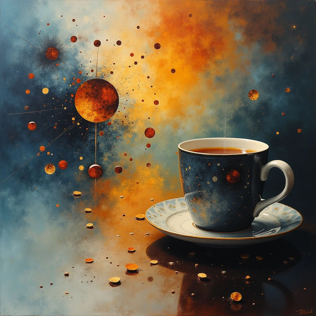 A dark blue teacup sits on a saucer, reflecting the swirling cosmos around it. Planets and celestial bodies of warm orange and brown orbit within a hazy nebula-like background. The entire scene is cast with a soft glow, blurring the line between a simple still life and a miniature universe.