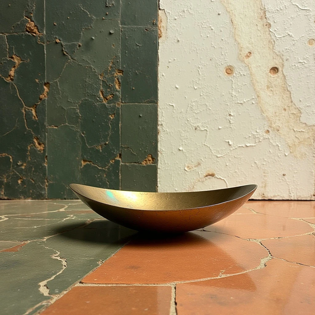 The image features a low, golden dish resting on a reddish-brown tiled floor against a backdrop of two wall sections—one dark green with visible cracking and the other off-white and textured. Light reflects off the interior surface of the dish, creating highlights, while shadows define its curved form and the unevenness of both wall surfaces. The composition places the dish centrally in the foreground, with the walls receding to create a sense of shallow space.
