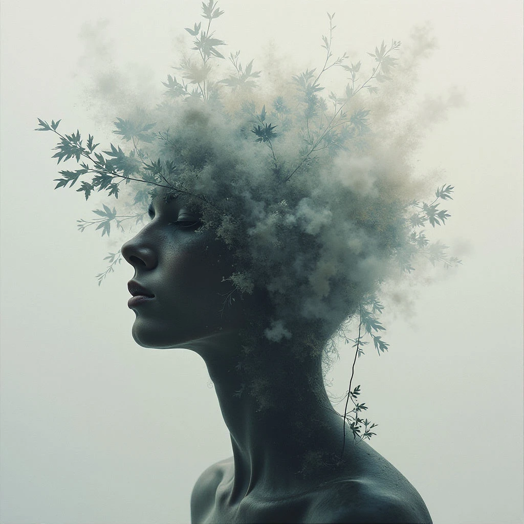 A woman’s profile is shown against a muted, grey background, her face and neck appearing as dark silhouettes. Her hair seems to dissolve into delicate branches and leaves, creating an ethereal crown of foliage. The overall effect evokes a sense of nature merging with the human form, suggesting growth or transformation.