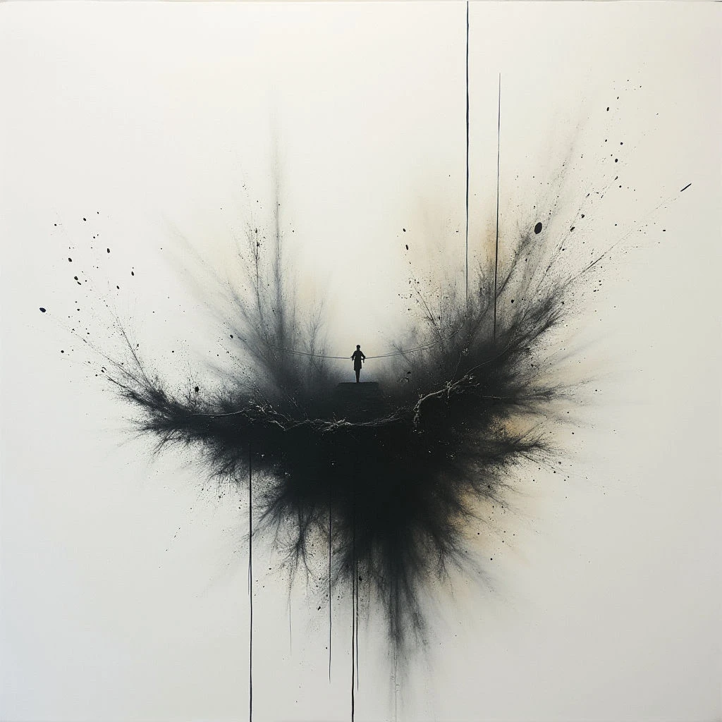A lone figure walks a tightrope stretched across a dark, nebulous shape against a stark white background. The shape explodes outwards with splattered ink-like tendrils, contrasting sharply with the clean space surrounding it. Thin lines descend from the shape, adding to the sense of weight and precarious balance.