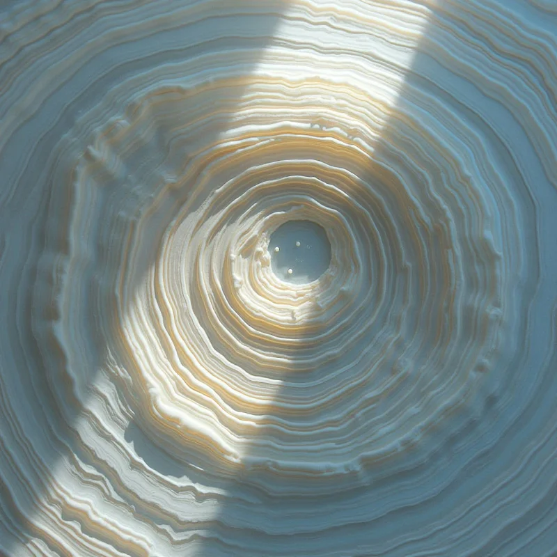 The image features concentric rings of pale blue and beige tones radiating outward from a central dark point. The texture appears layered and slightly uneven, creating subtle variations in the surface across the composition. Strong directional light casts shadows within the grooves of the rings, emphasizing their curvature and depth while suggesting a downward-facing perspective.