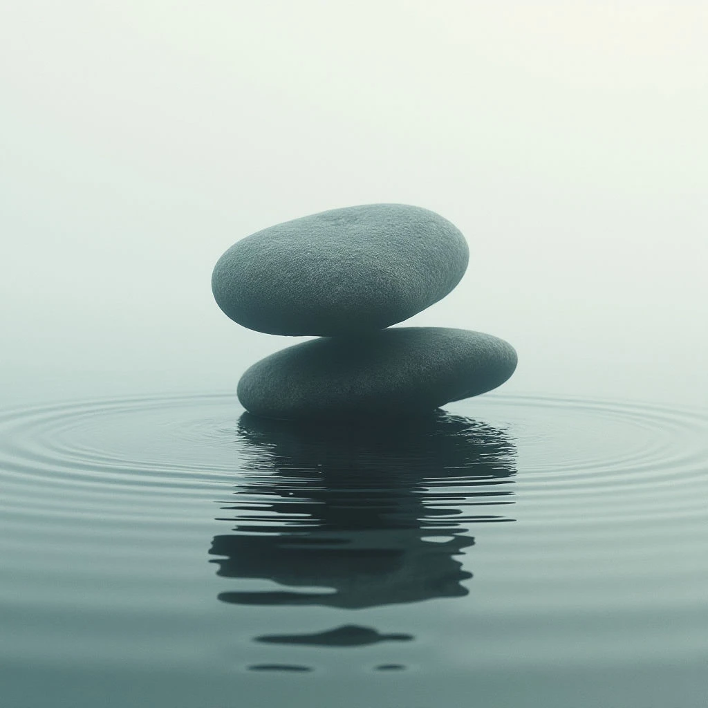 Two smooth, dark stones are carefully balanced on top of each other in calm water. Ripples spread outwards from the base of the stack, distorting their reflection below. The background is a soft, muted gray, creating a sense of quiet and stillness.