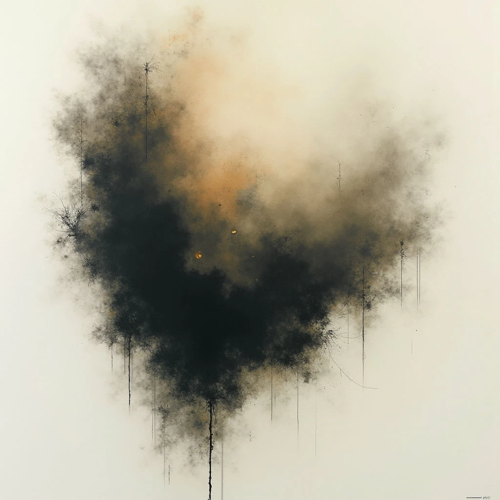 A dark, amorphous shape dominates the center of a pale background, resembling a shadowy mass or perhaps a distorted tree. Hints of gold and brown are visible within the darkness, punctuated by small flecks of light. Thin, delicate lines extend downwards from the form, suggesting roots or tendrils against the neutral space.