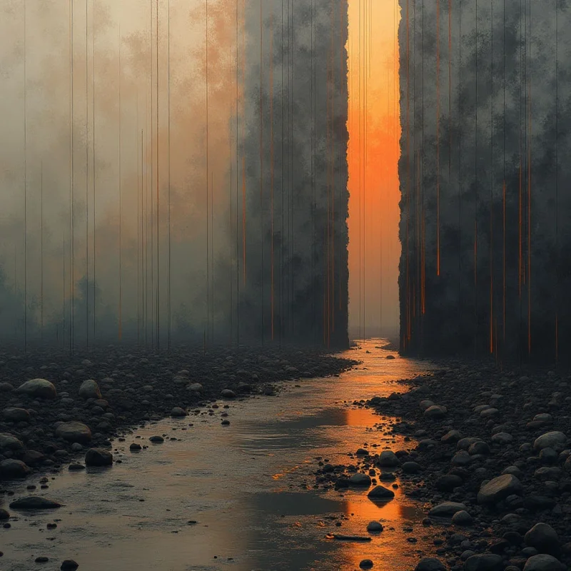 A narrow river of glowing orange light flows through a dark, rocky landscape toward a vertical gap between two massive, textured stone monoliths. The scene is dominated by muted grey and charcoal tones, contrasted by the vibrant, warm radiance emanating from the central fissure and its reflection on the water. Thin, vertical lines descend from the sky like rain or strings, creating a rhythmic pattern against the hazy, atmospheric background.