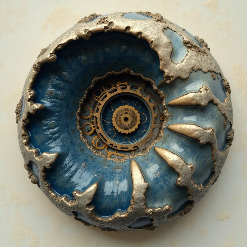 A circular form features deep blue, glossy surfaces contrasted by rough, metallic gold ridges and an intricate gear-like center. The composition uses concentric layers of textured metal and smooth enamel to create a sense of depth within the rounded shape. Light catches the raised golden edges and reflective blue areas against a pale, neutral background.